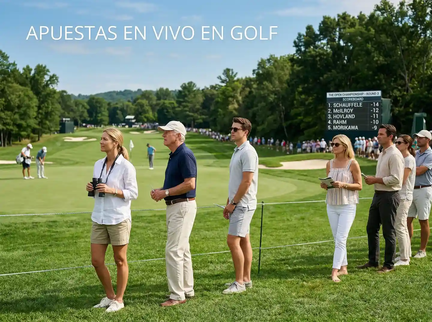 Espectadores siguiendo un torneo de golf en vivo con marcador visible