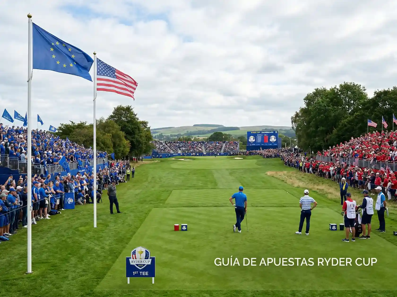 Golfistas del equipo europeo celebrando en la Ryder Cup con banderas de Europa y Estados Unidos